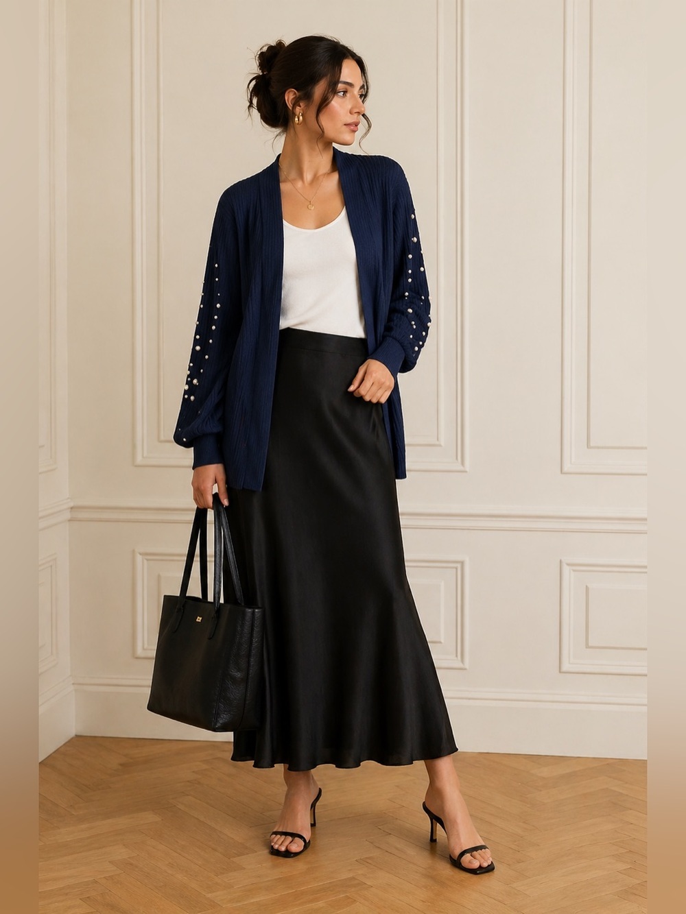 Pearl Embellished longline open front ribbed cotton blend Navy Cardigan